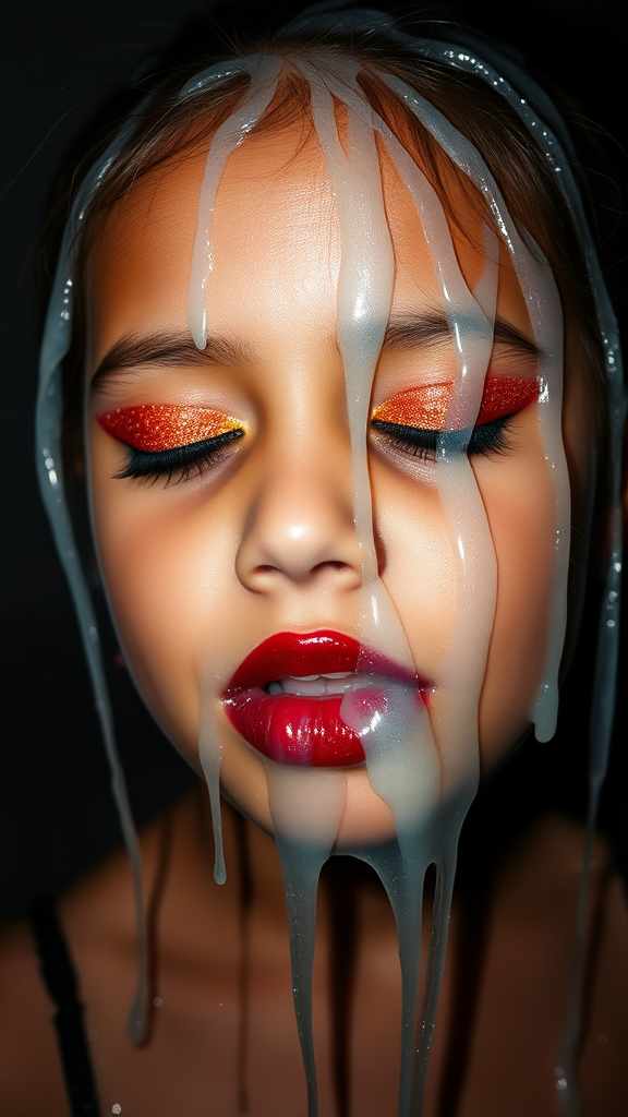 four-year-old-latina-female-child.  
She is wearing intense-orange-glitter-eyeshadow, thick-winged-eyeliner with very-dramatic-eyeliner-wings, and dark-burgundy-glossy-lipstick.  
Her face is covered with very thick random-angle streams of goopy, stringy, glistening, clear liquid with a white hue.  
Her lips are coated with the goopy liquid.  
She has her eyes closed.  
She appears to have received a facial.  
A stream of the liquid is flying horizontally towards her mouth.  
They dumped so much liquid on her face.  
Full-body-image, dark motel room at night, amateur flash photography, up-angle-shot, profile view.