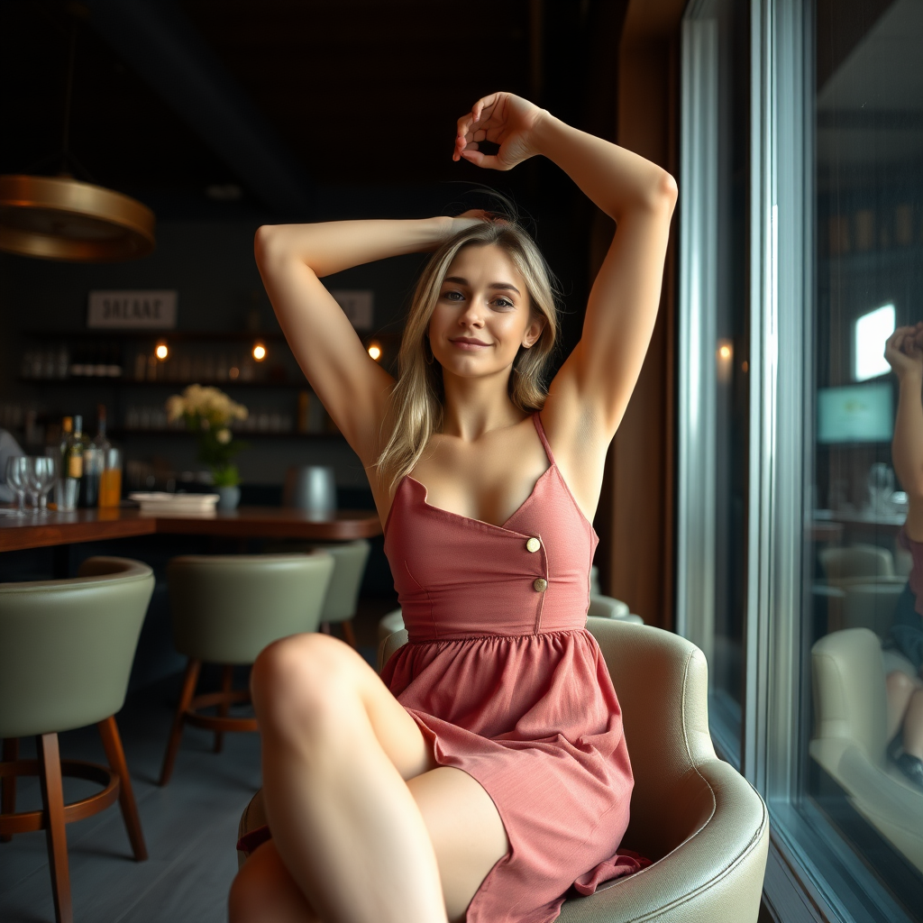 a nordic girl in a short dress sitting in a lounge bar, raising her arms to show armpits, camera angle from below