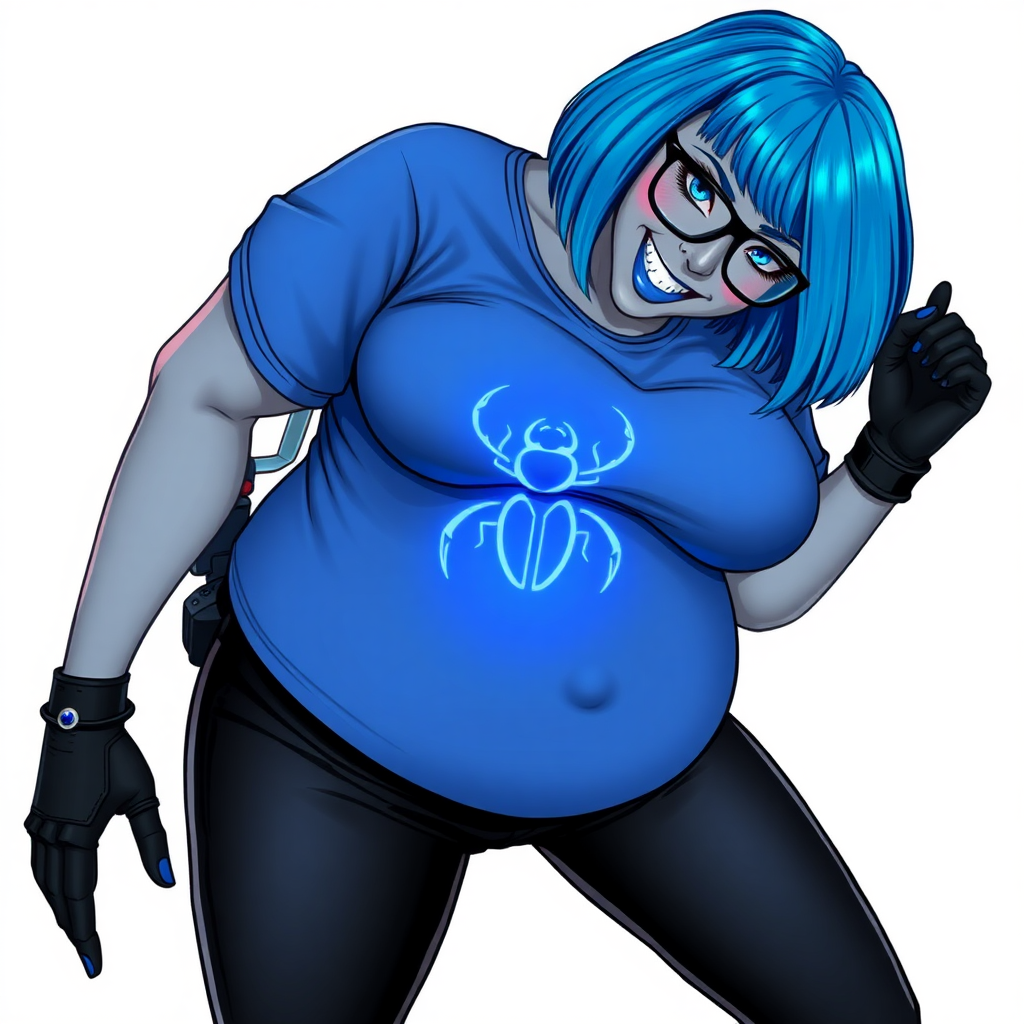 A 28-year-old, full-figured, metallic middle gray skinned computer program hybrid with a maximum blue bob cut. She has a non-athletic build, highlighted by a prominent, round midsection (with a focus on her belly). As a digital sidekick and computer hacker to her cyberpunk vigilante boyfriend, her middle gray metallic skin and maximum blue lipstick emphasize her digital nature. She wears a tight-fitting, maximum blue t-shirt (accentuating her belly) with a neon blue glowing chest icon of a beetle, black pants, a black belt with a sapphire scarab buckle, and black gloves. Her bright blue eyes, black eyeglasses, and lovestruck smile with neon red blush accentuate her nerdiness. She bows her head bashfully with her hands behind her back and a neon red blush, her t-shirt covering her midsection (especially her belly) and emphasizing her full-figured, non-athletic physique. She is on a solid white background. She is drawn as if she was in a retro 2D cyberpunk fighting game. She is clearly non-athletic, with a focus on her full figure. Make sure her t-shirt covers her midsection (especially her belly).