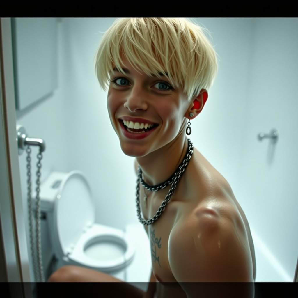 photorealistic, ultra high resolution, 16K, surreal fantasy, studio lighting, a pretty 16 year old goth boy, slim male physique, short blonde hair, goth makeup, earrings, spikey chain and leash, pantyhose, white ballet shoes, in the bathroom, excited smile, facing the camera, drooling from his mouth.