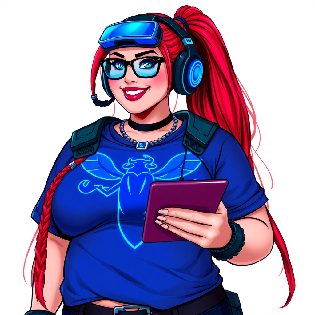 A cyberpunk vigilante’s full-figured intelligent and tech-savvy 29-year-old girlfriend, who is a computer hacker and tech genius. She has a long ruby red ponytail and bright blue eyes. She wears a sapphire beetle gemstone necklace, and an armored, oversized, Maximum Blue (RGB 71, 171, 204) t-shirt featuring a giant neon blue glowing chest icon of a winged beetle. She has a full-figured physique with a prominent, giant, round midsection, reflecting her well-cared-for lifestyle. The midsection is heavily emphasized. She sports a sapphire headset with hi-tech Maximum Blue (RGB 71, 171, 204) lensed HUD visor, Maximum Blue (RGB 71, 171, 204) lipstick, black eyeglasses, and a beaming smile with a passionate bright red blush. Despite her figure and a lack of self-esteem, she radiates an air of beauty. She has an angular face which contributes to her radiant beauty. She serves as his tech expert from his hideout, holding a holographic tablet and a hi-tech tool wrench. The background is solid white. She is drawn as if she was in a retro 2D cyberpunk fighting game.