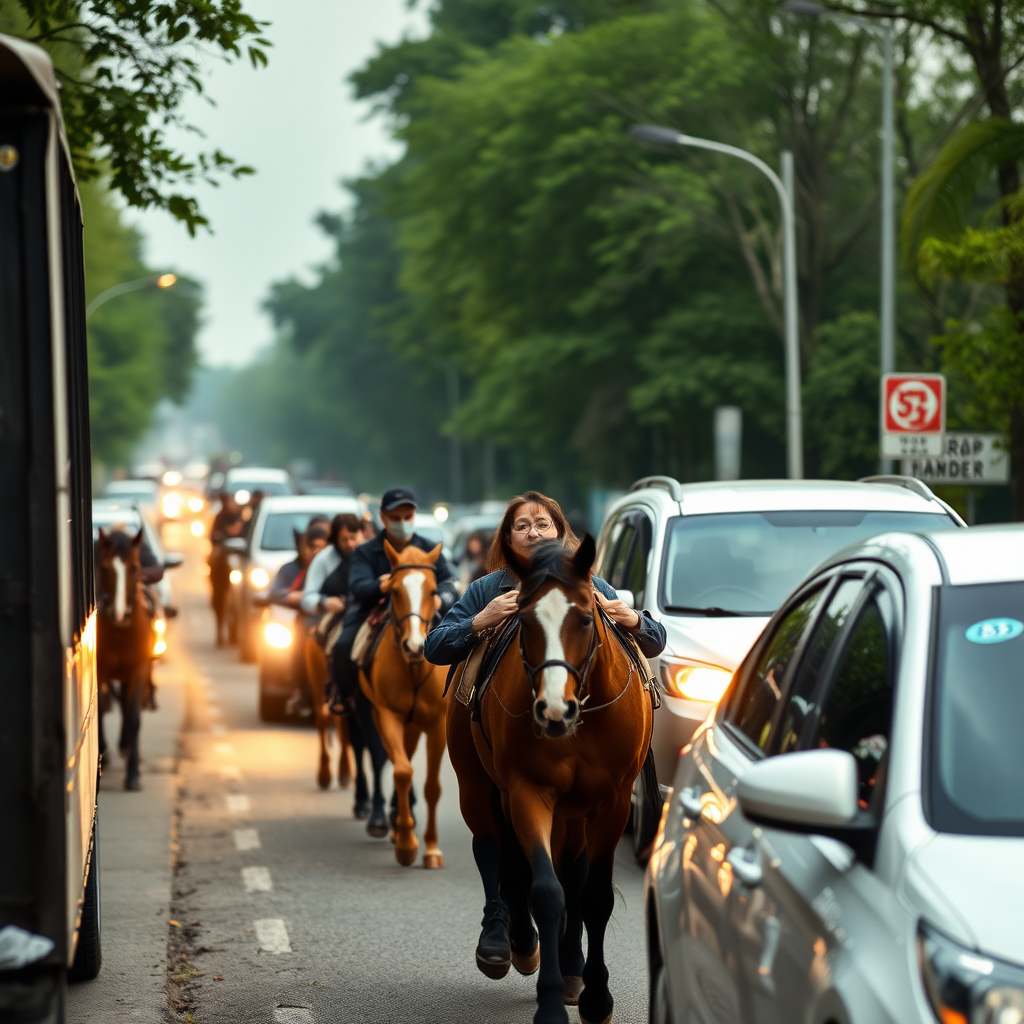 Heavy traffic/run of vehicles and horses.