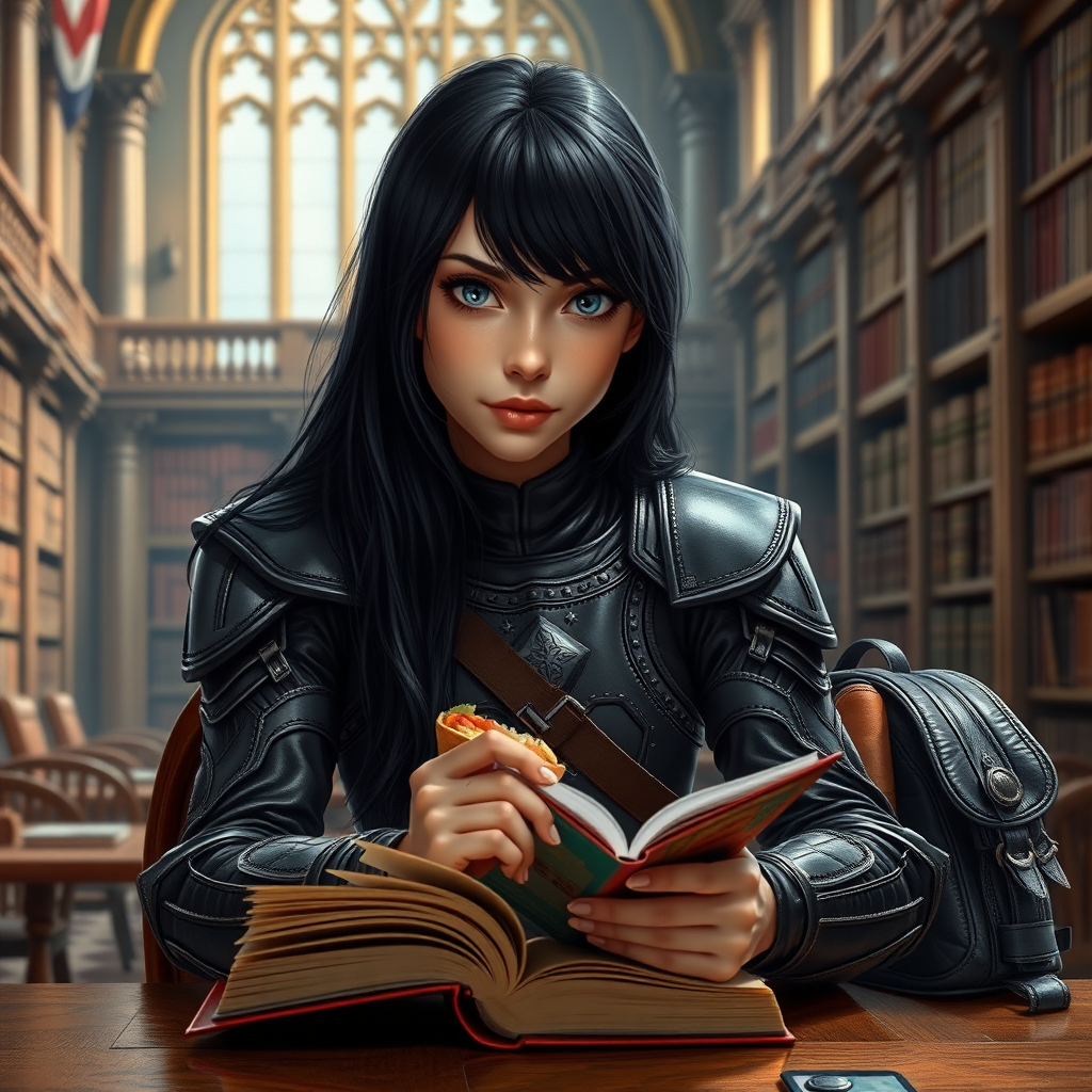 beautiful young woman, dark hair past her shoulders, blue eyes, small, slim figure, wearing full leather armor suit, sitting at table, reading book, a sandwich and backpack, in a grand old library.