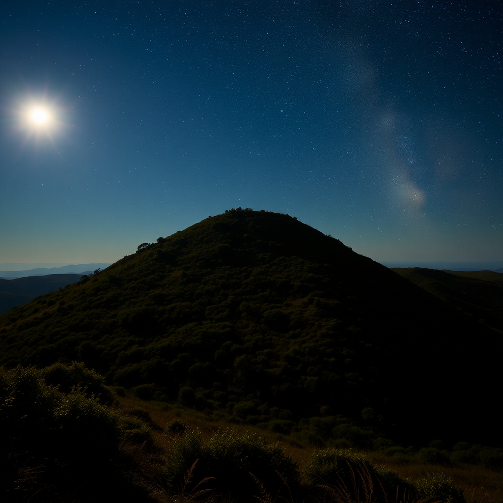 Hilly area of Marmilla, conical hill with vegetation, with the moon and dark sky full of stars, and the Milky Way.