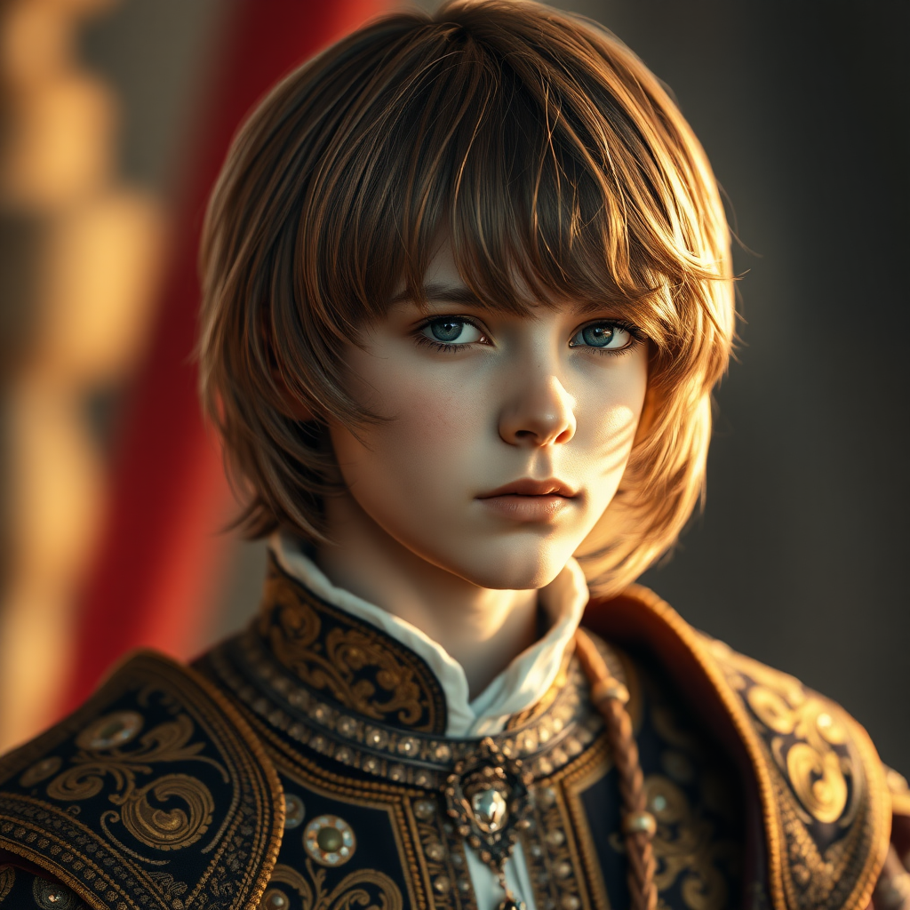 16yo teen boy prince, long bob cut, embroidered with gold and diamonds medieval cloths. photorealistic, ultra high resolution, 16K,