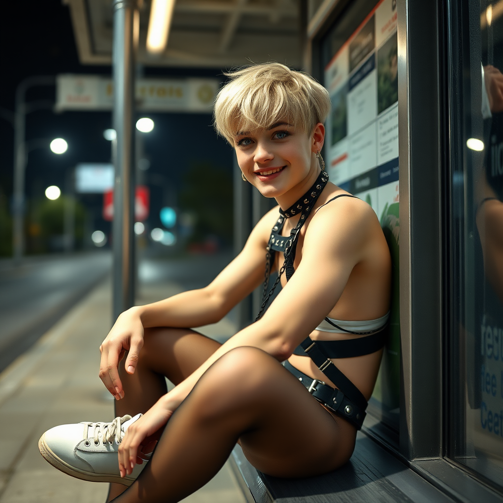 photorealistic, ultra high resolution, 16K, surreal fantasy, studio lighting, a pretty 16 year old goth boy, slim male physique, short blonde hair, goth makeup, earrings, pantyhose, harness, spikey dog collar and leash, trainer-bra, white ballet shoes, sitting at the bus stop, excited smile, facing the camera.