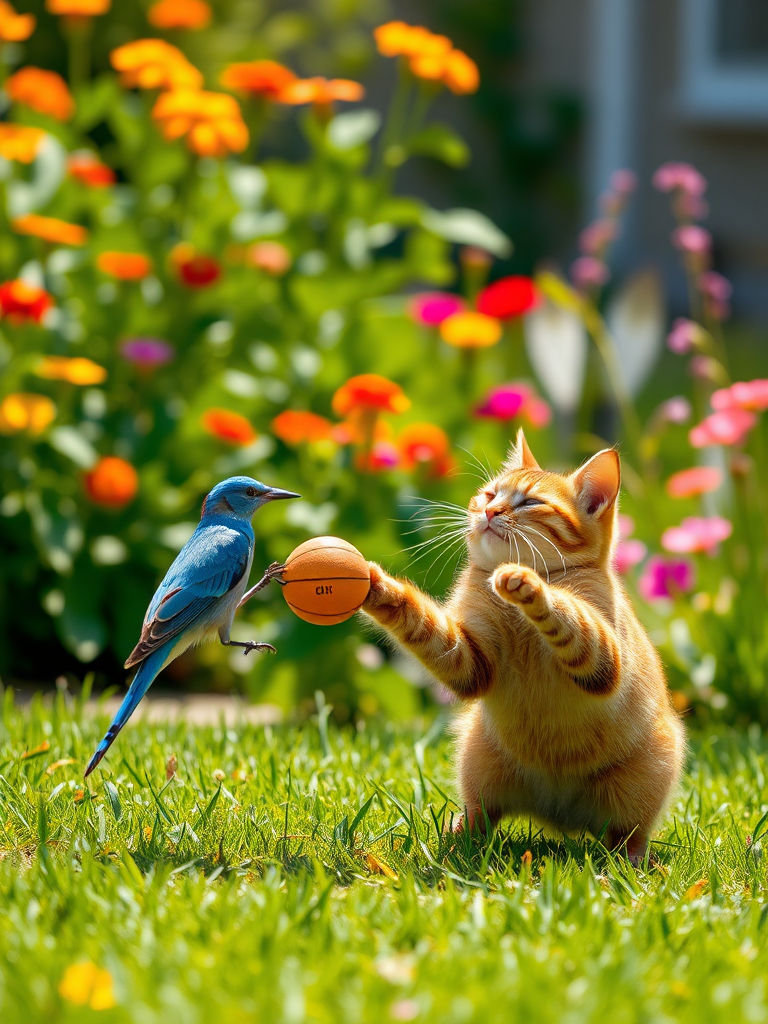 A realistic 4K scene of a Brown Cat playfully batting a ball around in a sunny garden, inviting a cheerful Blue Bird to join in the fun. The garden is vibrant with colorful flowers and green grass, capturing the playful interaction between the cat and the bird.