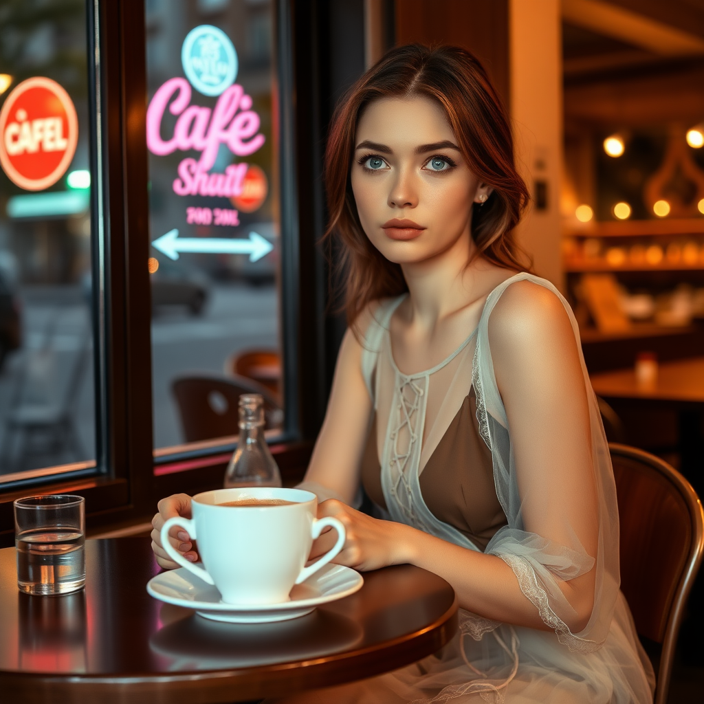 A young woman with brunette hair and pale blue eyes, wearing a translucent dress and lace-up high heels, is sitting in front of a café at a table. A cup of steaming coffee and a small glass of water are on the table. She has an interested look. It's late evening. Photo.