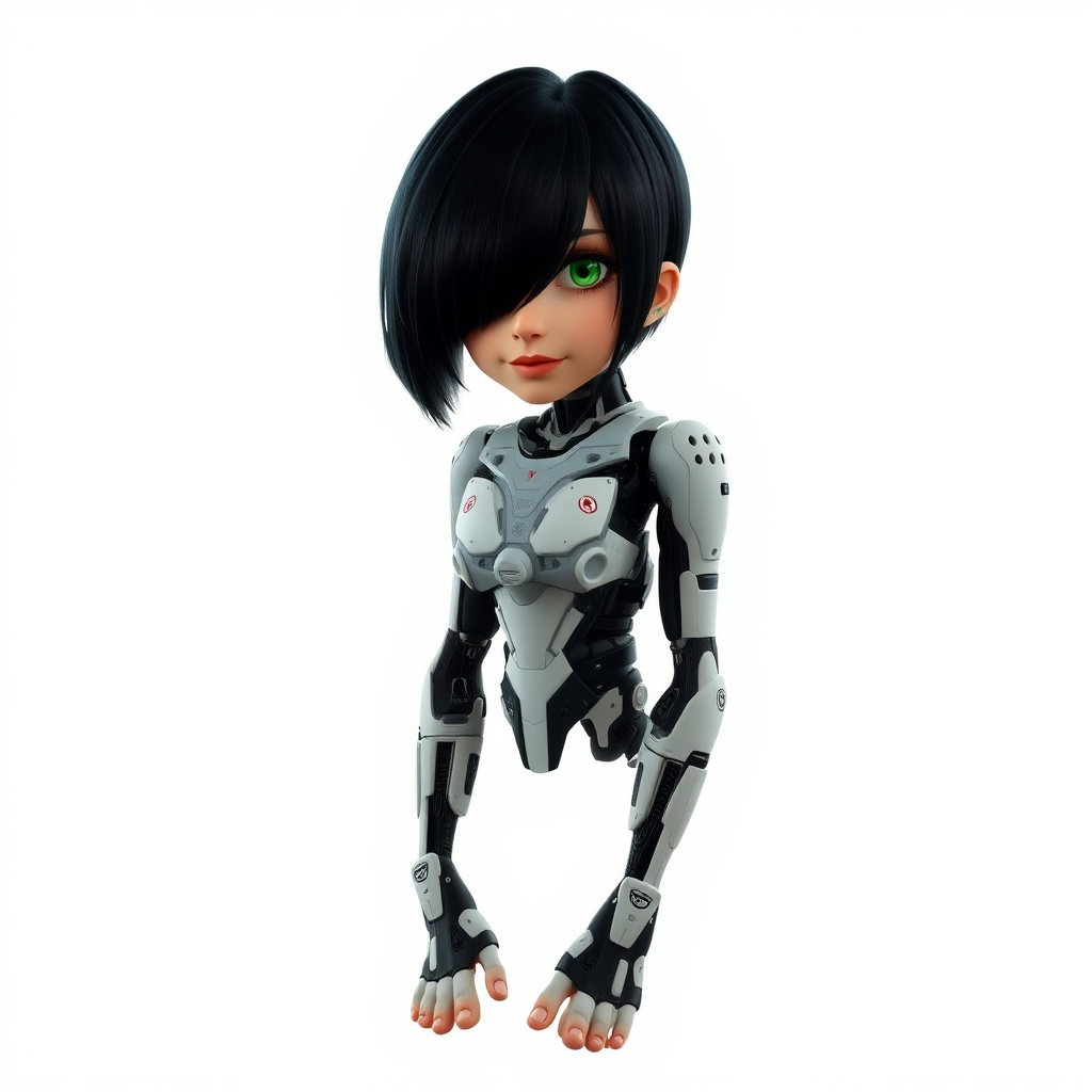 A photograph of a female cyborg with short black hair and green eyes. She has bare feet.