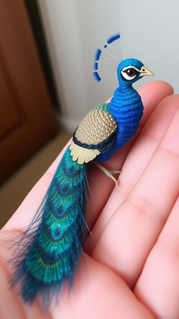 A small tiny cute big eyes big tail blue peacock on hand