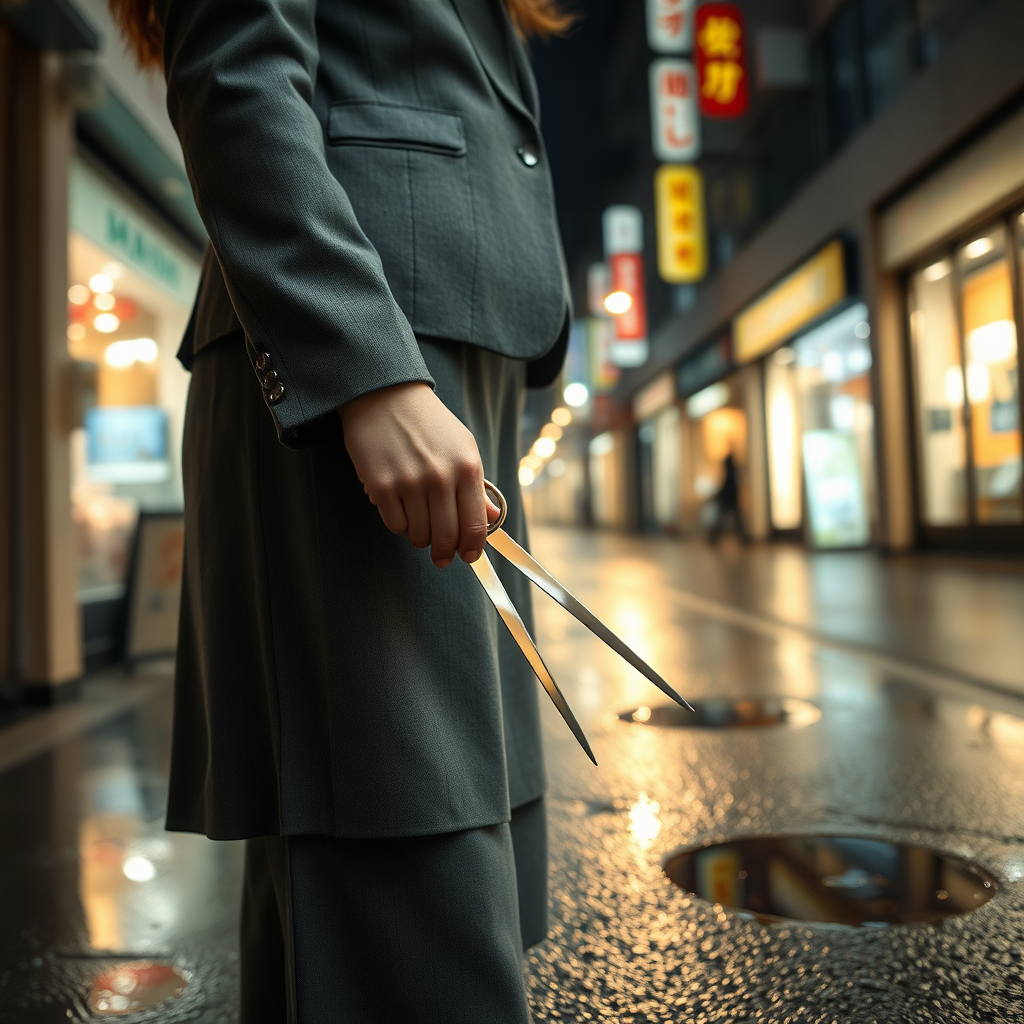 camera focuses on the lower portion of a Japanese businesswoman gripping a pair of long scissors that she holds pointed downward at her right side. She wears a grey blazer and a grey skirt and faces the camera. The lights from the shops in the alleyway glint off of the scissors. The lights from the shops in the alleyway are reflected in the rain puddles scattered on the asphalt of the ground.