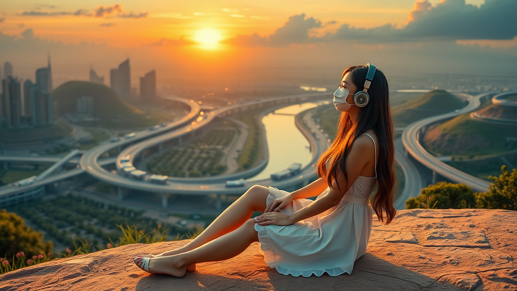 pretty asian woman with long hair in pretty short dress, sitting on the ground with headphones, on an alien planet with an alien city in the background, nice greenery, flowers, rivers and nice sunrise clouds, highways and streets, ultra realistic view and ultra high cinematic detail