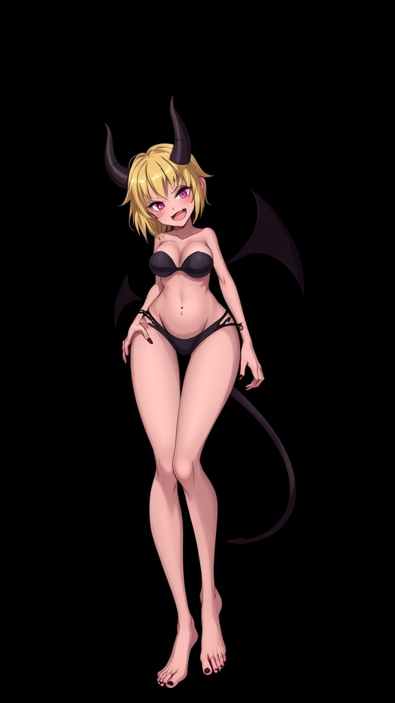 Anime, Black background, A mischievous tall-slender demon girl, short blond hair, wearing sexy micro bikini-like clothing, g-string, womb tattoo on belly, mischievous smile, large breasts, full body, long legs,