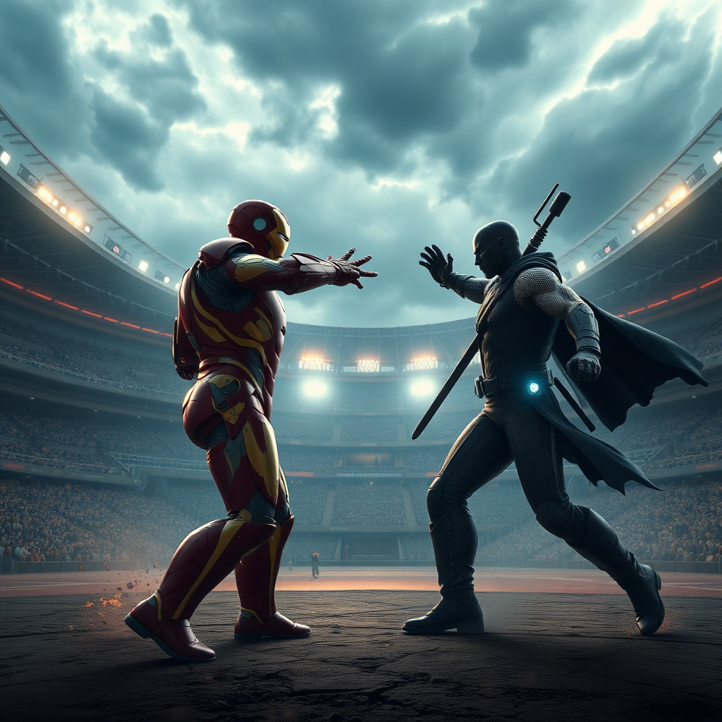 In the center of a vast stadium, Iron Man faces off in a fierce battle with Deathstroke. The 3D rendered image is stunningly photorealistic, every detail brought vividly to life. A magical, ethereal glow surrounds the scene, casting intricate dramatic shadows on the combatants beneath a stormy sky. The impeccable quality of the rendering immerses viewers in the epic clash between these legendary figures, creating a truly mesmerizing visual experience.