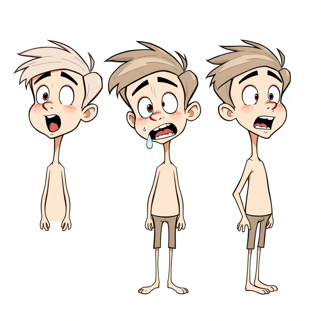 multiple views with progression, character design sheet, short, shy, amazed, open mouth, 15 year old european skinny boy, drooling, detailed features, long establishing shot, 2D, caricature, cartoon, Sketch lines, coloring book, coloring book style on white background, well composed, clean coloring book page, No dither, no gradient, strong outline, No fill, No solids, vector illustration, side view, vector illustration, empty space around each view, movement lines