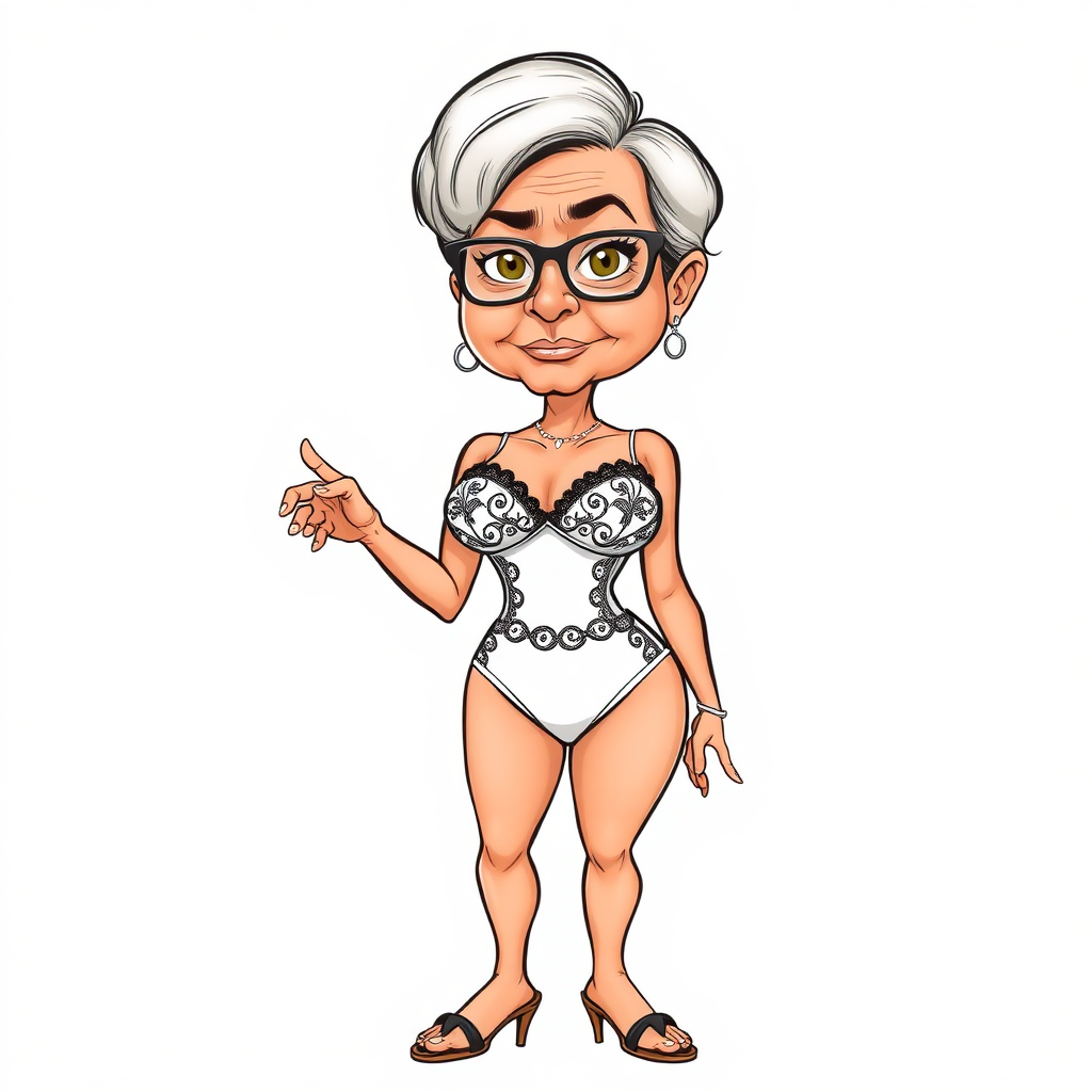 a towering 55 Years old, fit, slim, European, Latina, sharp aquiline nose, wrinkles, high cheekbones, Middle Eastern, Skinny, Tanned skin, Dark light skin, Rounded Medium breasts, Skinny thighs, full Makeup, jewelry, Serious face, Sharp nose, Ash hair, short bowl haircut, Brown eye color, Glasses, with detailed features. she is wearing embroidered black mesh balconette bras and a tight white high cut 1980s mesh cut out swimsuit, detailed fabric. full body, high heels sandals, she is gesturing at the viewer, sweating, long establishing shot, 2D, caricature, cartoon, Sketch lines, coloring book, nlack and white, coloring book style on white background, well composed, clean coloring book page, No dither, no gradient, strong outline, No fill, No solids, vector illustration, realistic proportions