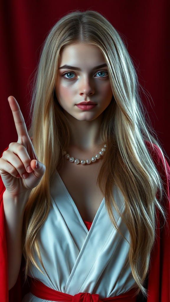 cinematic long haired blonde young girl peace sign, white robe, red cape, flat chest, flat chested, feminine face symmetrical