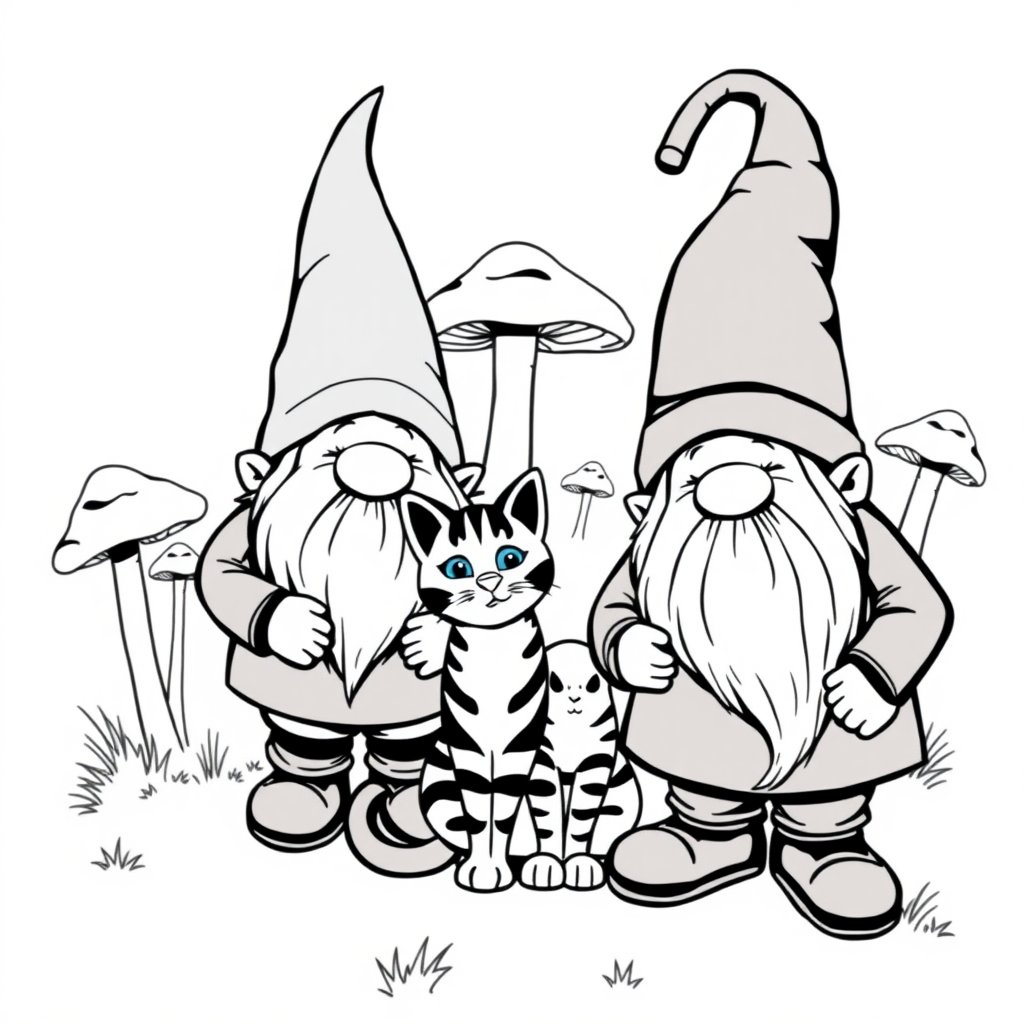 A happy Gnome family standing with their Bengal cat sitting. some mushrooms in the background. Black and White - no gradients or greys. Vector style, isolated on white.