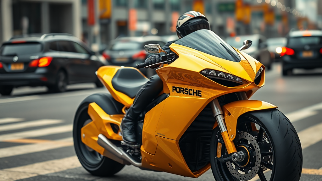 A photo of a futuristic custom motorcycle with a Porsche-inspired design. The motorcycle is chrome yellow and has an angular design. It is parked in a city with heavy traffic. There is a driver wearing a helmet and gloves. The background is blurred due to the telephoto bokeh effect.