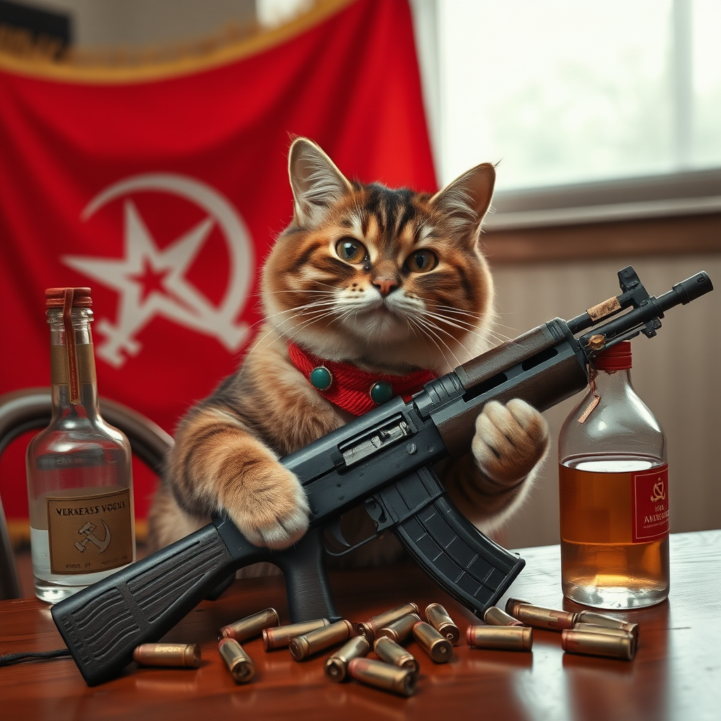 A communist cat from the USSR with an AK-47 and vodka and a USSR flag behind a table with bullet casings on it.