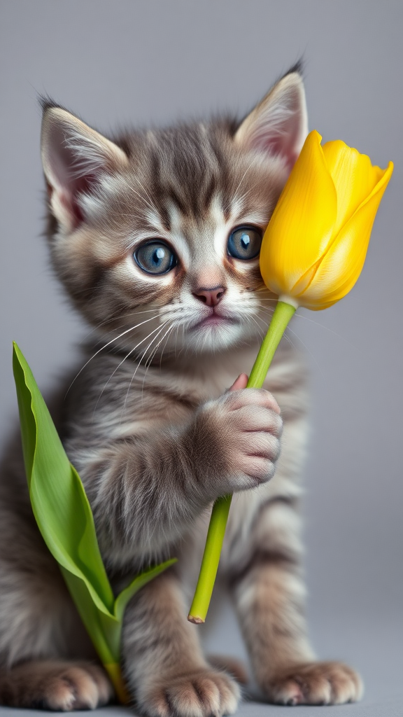 A gray kitten is holding a yellow tulip.