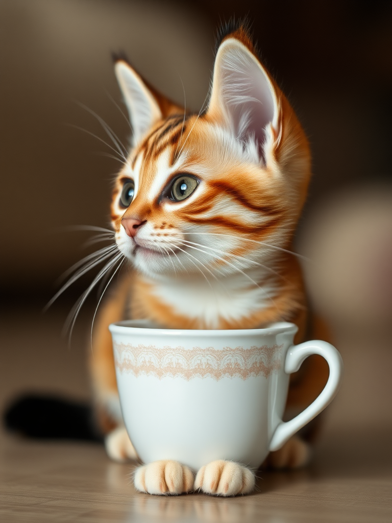 The visual appearance of a small cat the size of a coffee cup, make it very realistic 4k