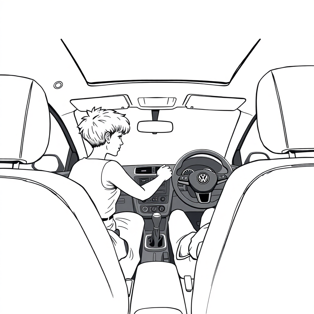 inside view of a VW Polo V from the front passenger seat point of view, looking at the driver seat from the side, pixie haircut woman driving, skirt, she is looking at the viewer over her shoulder, long establishing shot, 2D, caricature, cartoon, Sketch lines, coloring book, coloring book style on white background, well composed, clean coloring book page, No dither, no gradient, strong outline, No fill, No solids, vector illustration, side view, vector illustration, movement lines, from above