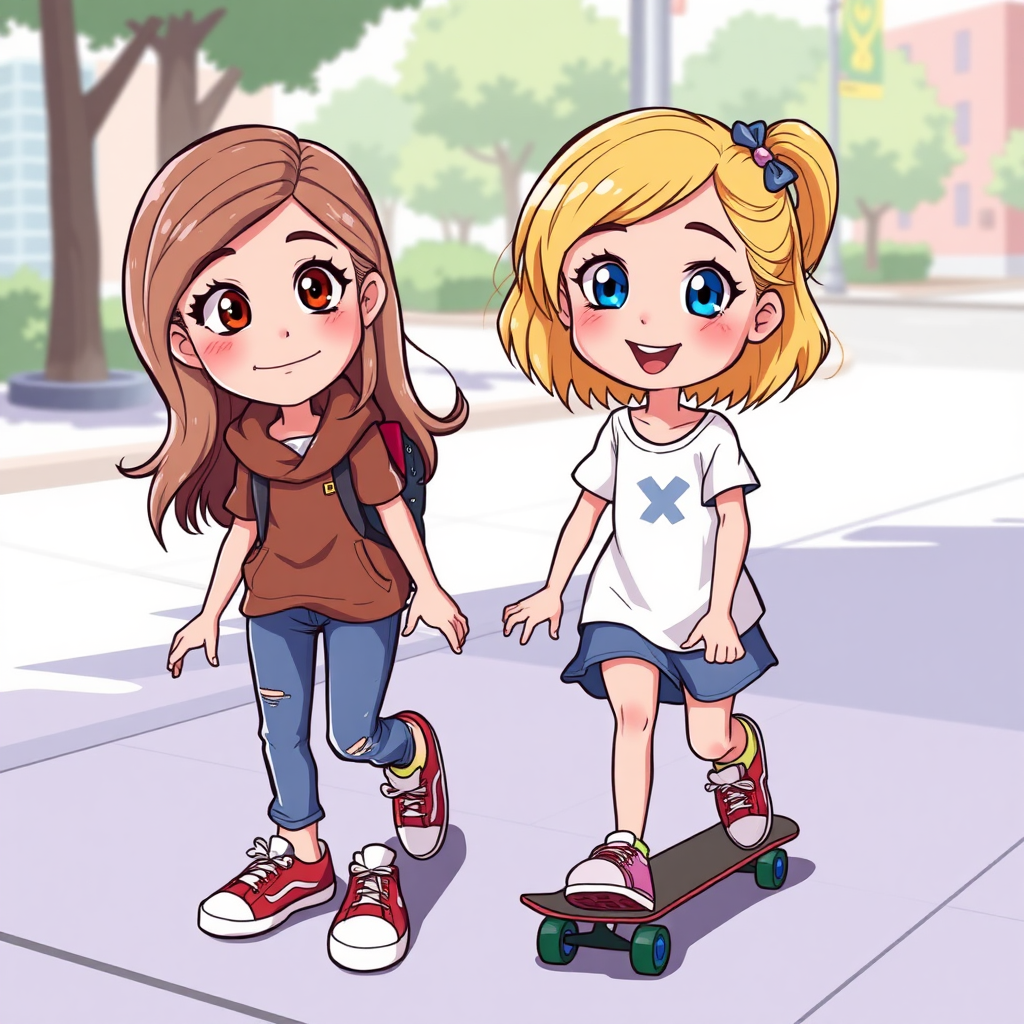 Two cartoon sisters, one a teen with light brown hair and hazel eyes and the other an elementary aged kid with blonde hair and blue eyes, playing with a skateboard on a sidewalk.