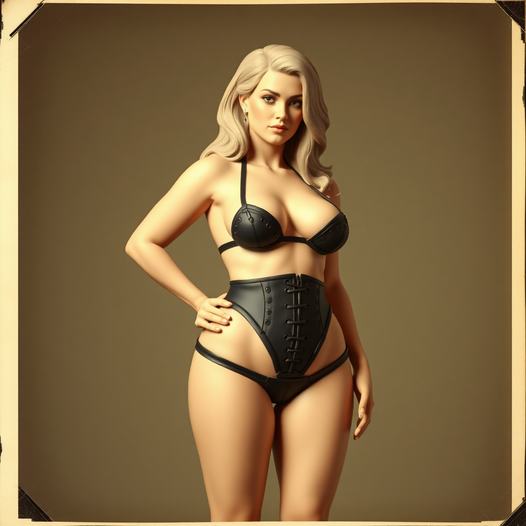 old polaroid photo of 3d printed plastic model of sexy thicc curvy succubus girl wearing revealing black bikini gstring thong and corset