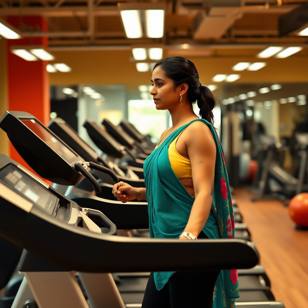 Indian wife, working out on Treadmill in gym