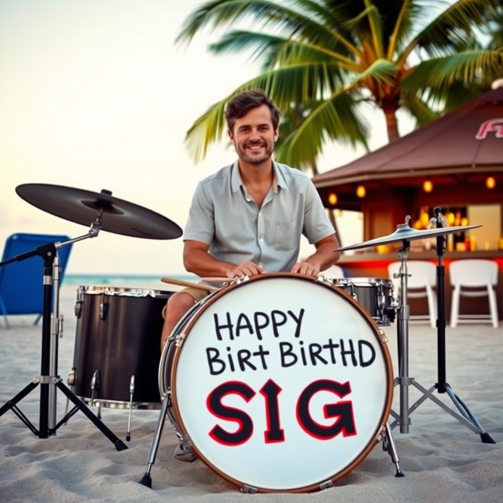 Simon Phillips sitting on a drum set on the beach with palms and a bar, bass drum spelling the words "Happy Birthday Sigi."