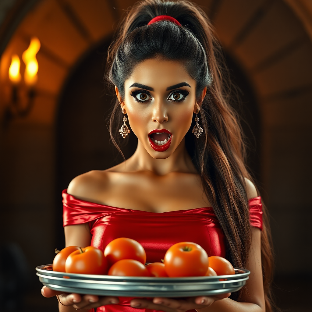 realistic photo of a surprised Arabian model with mouth open looking at the camera. She has very large eyes, black eyeshadow, black eyeliner, fake eyelashes, very tanned skin, very long hair. very high ponytail, she look likes princess jasmine, shinny red off shoulder crop top. photo realistic. She holds a metal tray with fruits just above her waist. crop top, shinny red skirt. full body view. shinny red pencil skirt. dungeon with fire torches in the background.