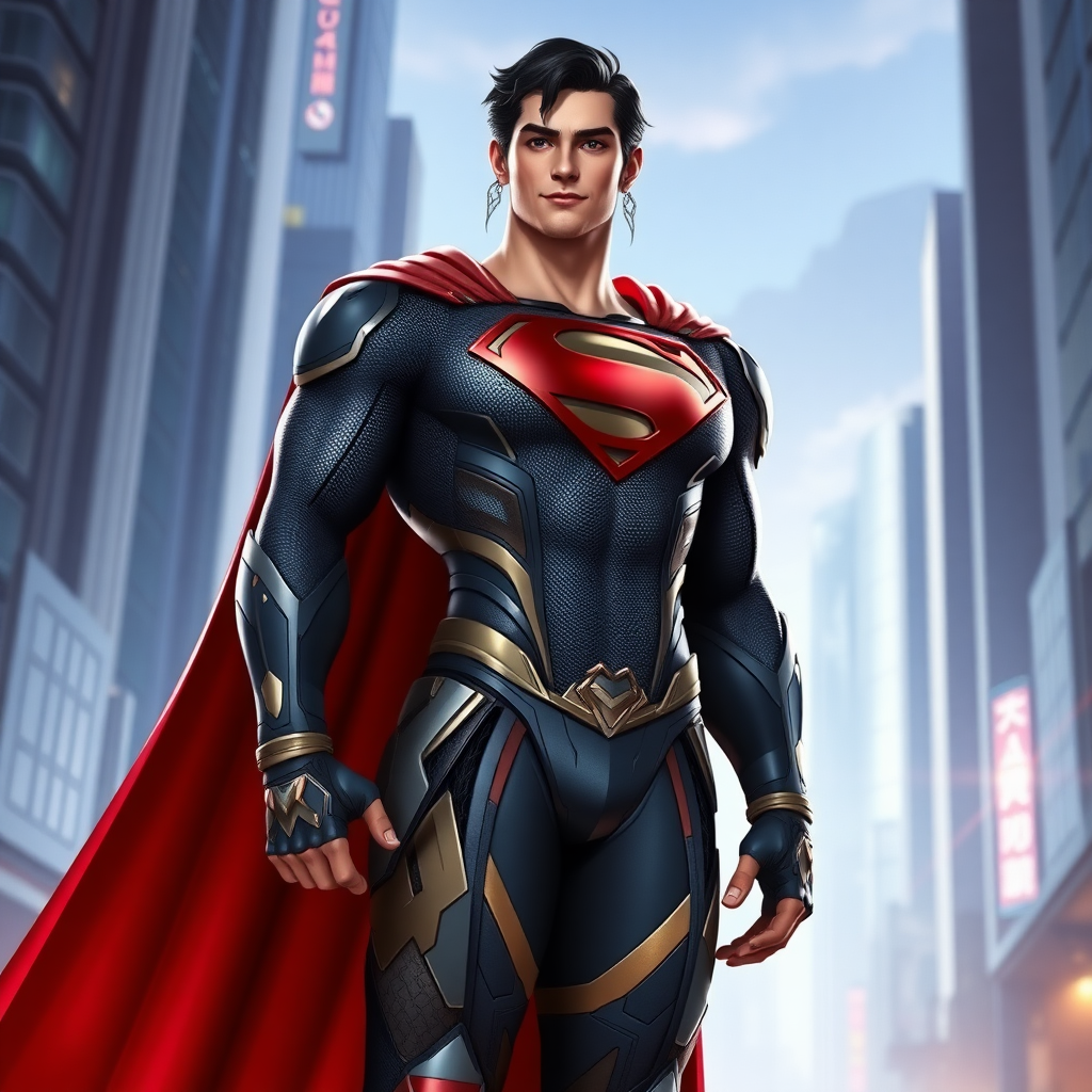 Create a full-body image of a character combining Superman and Mei-Ling from Overwatch. Use Superman's core design but modify the body shape to match Mei-Ling's, emphasizing the torso. Retain Superman's iconic costume while incorporating elements and embellishments inspired by Mei-Ling's outfit. The character should have Superman's facial features but with a hint of Mei-Ling's expression. Set the scene in a futuristic cityscape that blends Metropolis with Overwatch's world, featuring tall buildings and advanced technology. Ensure the lighting dramatically highlights the character's unique fusion.