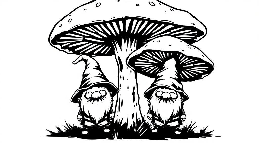 2 happy dark fantasy Gnomes standing under giant mushrooms. Black and White - no gradients or greys. Vector style, isolated on white