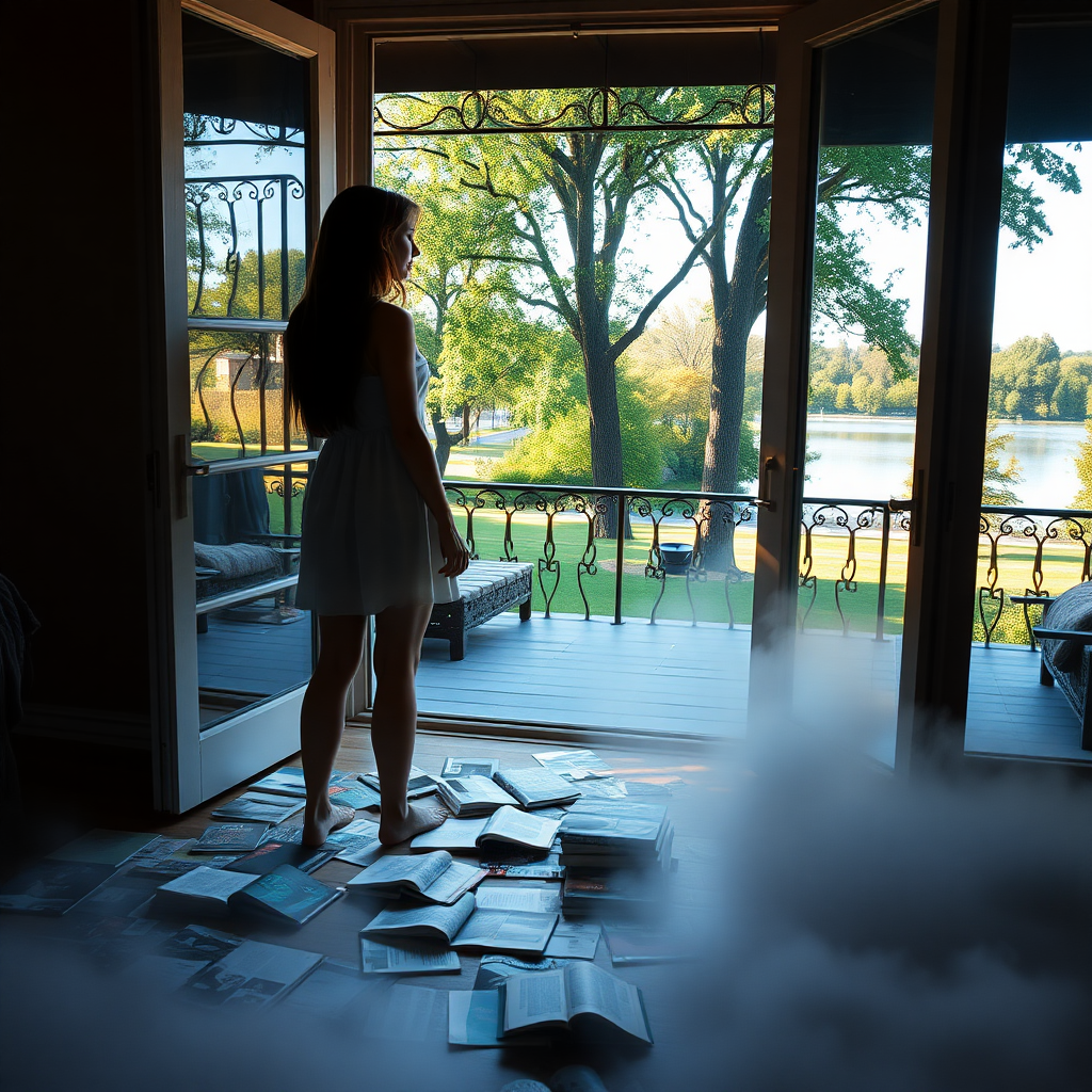 a young woman standing in the door frame of an open terrace door and looking outside to a beautiful park with a lake and trees. she is wearing a simple dress and is barefooted. long brunette hair with highlights. on the floor behind her in the room there are many disrupted books and magazines. warm light outside, darkness inside. the books and magazines slowly disappear fog on the ground of the room. sun on the terrace. photo