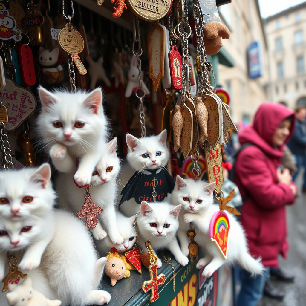 A street stall staffed by white kittens filled with kitschy keychains for tourists in Berlin, cats, Catholic, vampire, cross, tacky, rainbow, raining, weird, post-apocalypse, fish.