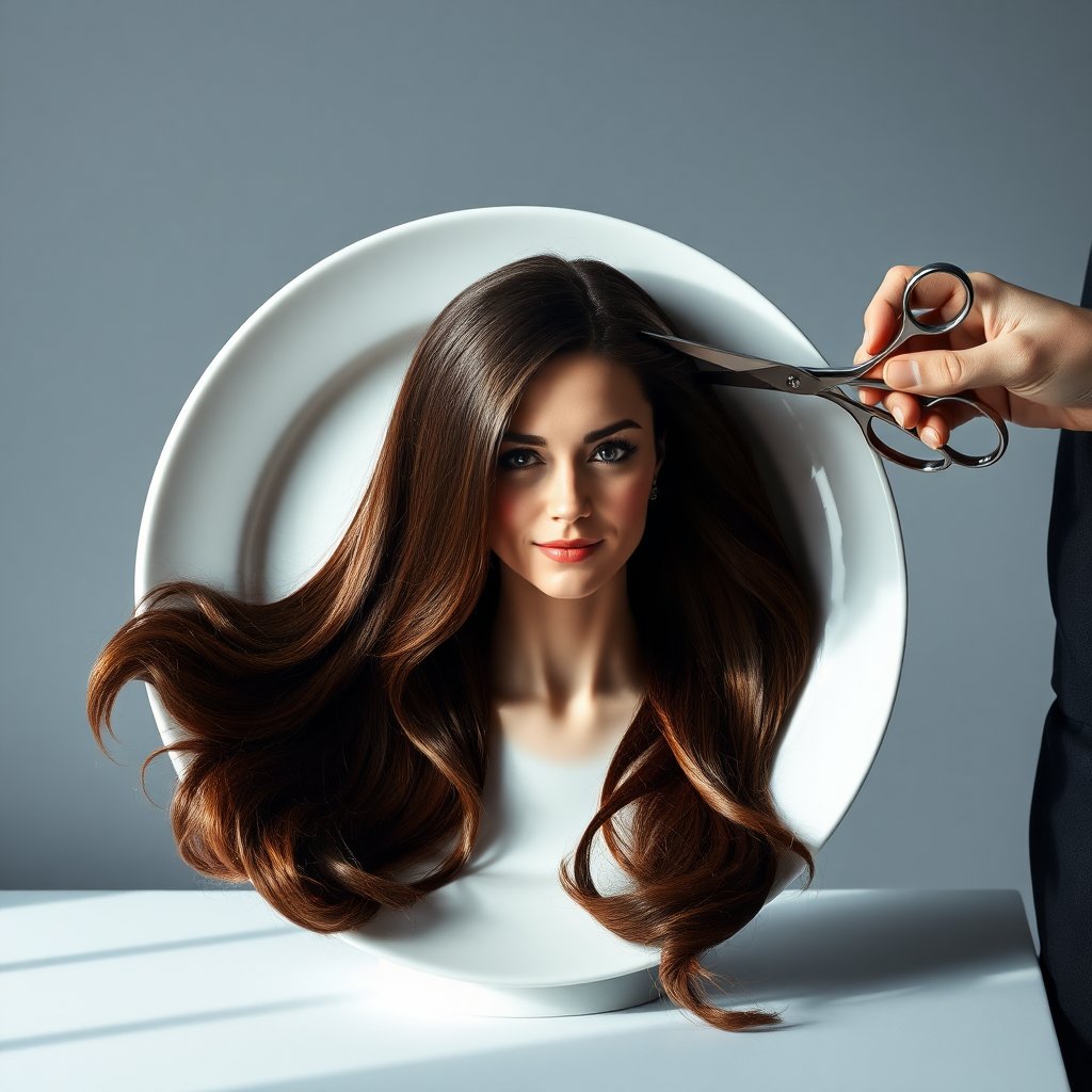 In a strikingly surreal scene, a beautifully crafted porcelain plate holds the disembodied head of a graceful Kate Middleton, her long, flowing hair cascading around like a luxurious waterfall of silky strands, shimmering in various shades of deep chestnut. Each hair seems to catch the light, creating an almost ethereal glow. Nearby, a meticulous hairdresser, dressed in a sleek black apron, carefully snips away at Kate's locks with precision scissors, their actions fluid and deliberate, emphasizing the delicate artistry of the moment.

The setting boasts minimalist decor, with a plain gray background that heightens the focus on this bizarre tableau. Soft shadows play across the smooth surface of the plate, enhancing the haunting beauty of Kate's serene expression, which conveys both elegance and an uncanny sense of stillness. The atmosphere is a blend of surreal calm and unsettling intrigue, pulling the viewer into a dreamlike space where reality and imagination intertwine. Gentle noises of scissors softly clipping away hair are the only sounds in this peculiar yet captivating scenario, heightening the tension and drawing viewers into this striking juxtaposition of beauty and the bizarre.