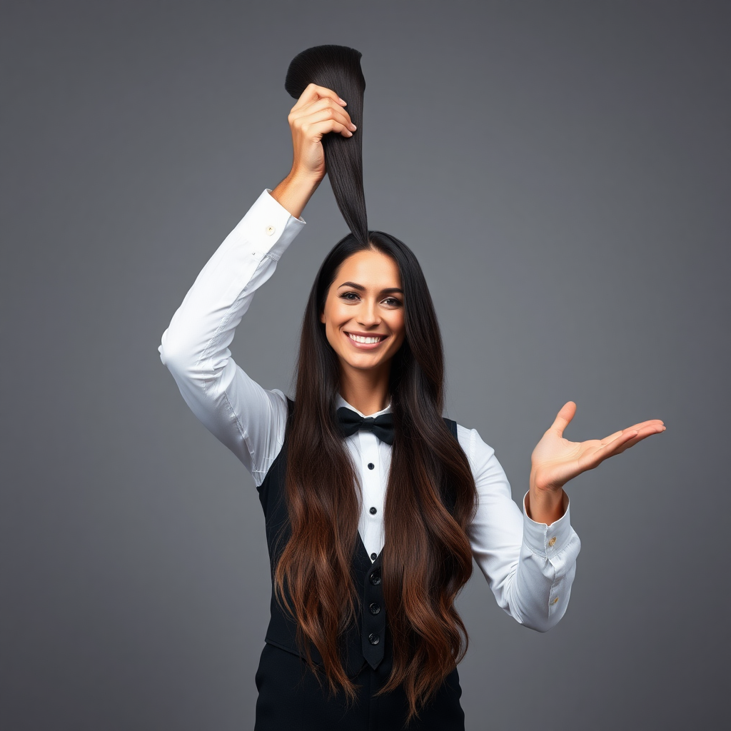 A surreal image of a smiling male magician holding up the disembodied head of a very long haired Meghan Markle. He is grabbing her very long hair and pulling it up high in the air, while her head is hanging by her hair from his grasp to display it to the camera. Plain gray background.