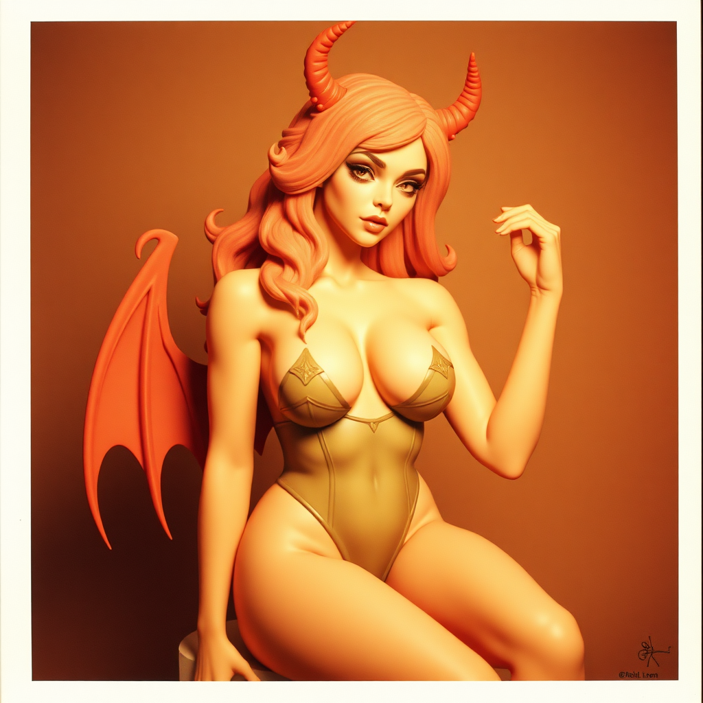 old polaroid photo of 3d printed model of sexy succubus girl