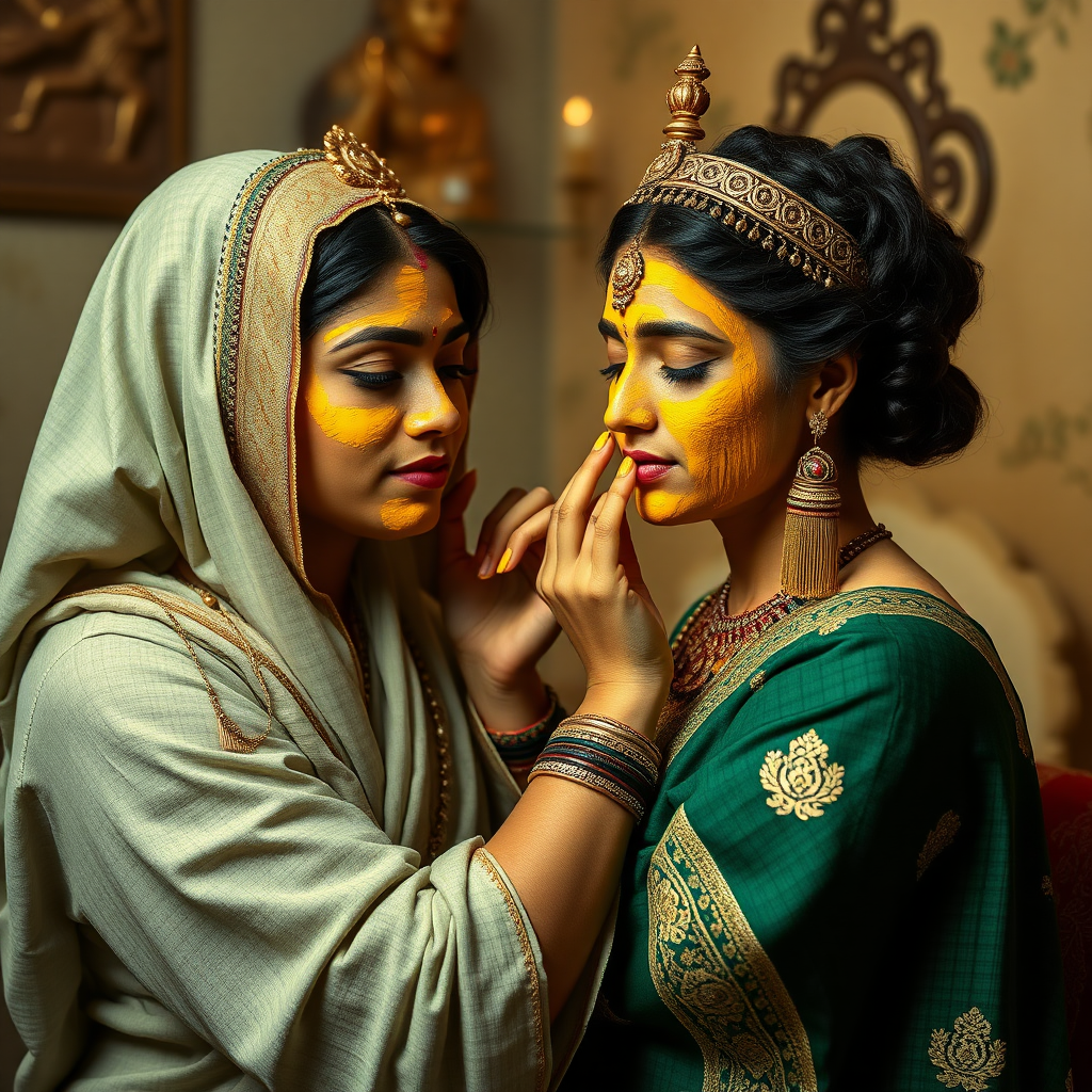 young cleopatra, working in beauty parlour, giving turmeric facial to rich, traditional indian wife