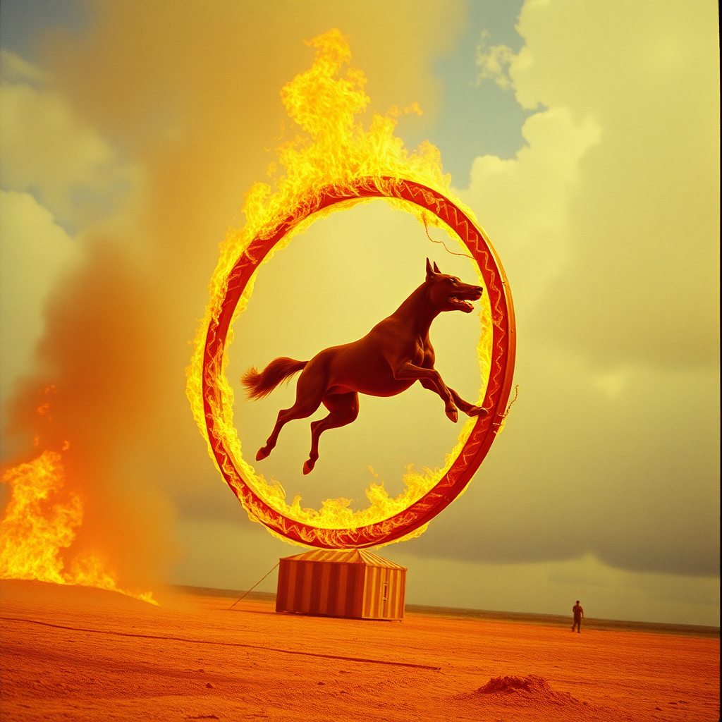 highly detailed Kodachrome color real British surrealist photograph from 1974 of Fly through the ground like a circus hound  
Through the burning hoop with just one bound  
So not even your ashes will be found  
What a good way to go  
What a good way to go  
In the aerospaceage inferno