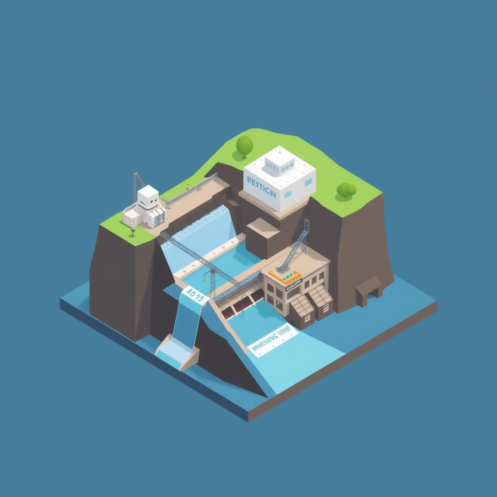 Operation principle of hydropower station, 45 degree three-dimensional sectional view, isometric illustration, solid color background