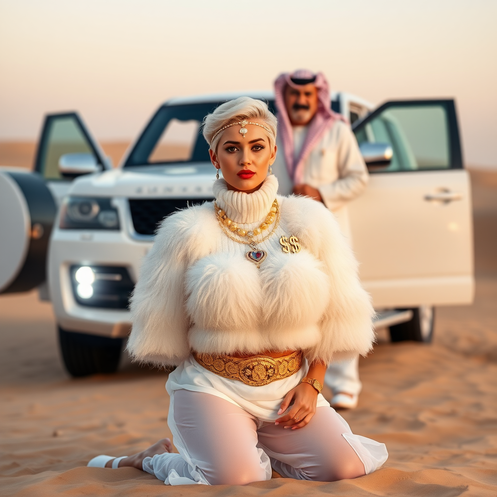 Kuwait desert dunes misty dawn, full size luxury SUV: Melissa, European 17 years old very convincing femboy “trophy-bimbo”, tamed servile docile, very beautiful feminine flawless face, rather short, by hormones very curvaceous womanly figured, platinum blond short tight curls, bold red lips, heavily made-up face, wearing Supertanya-style fluffy very fuzzy bright white angora turtleneck-poncho cropped ending under bust decorated with pearls and gemstones, striking oriental wide gold bridal protection belt, white fully transparent harem pants, full Oriental bridal jewelry including headpiece, nose-ring, coin anklets, striking diamond “$$$” letter brooch on left chest, pout frustrated, hands tied behind back, kneeling in sand in front of SUV, looking at camera. Focus on face and turtleneck-poncho. Standing behind Melissa: older overweight tall proud sheik, approvingly padding Melissa.