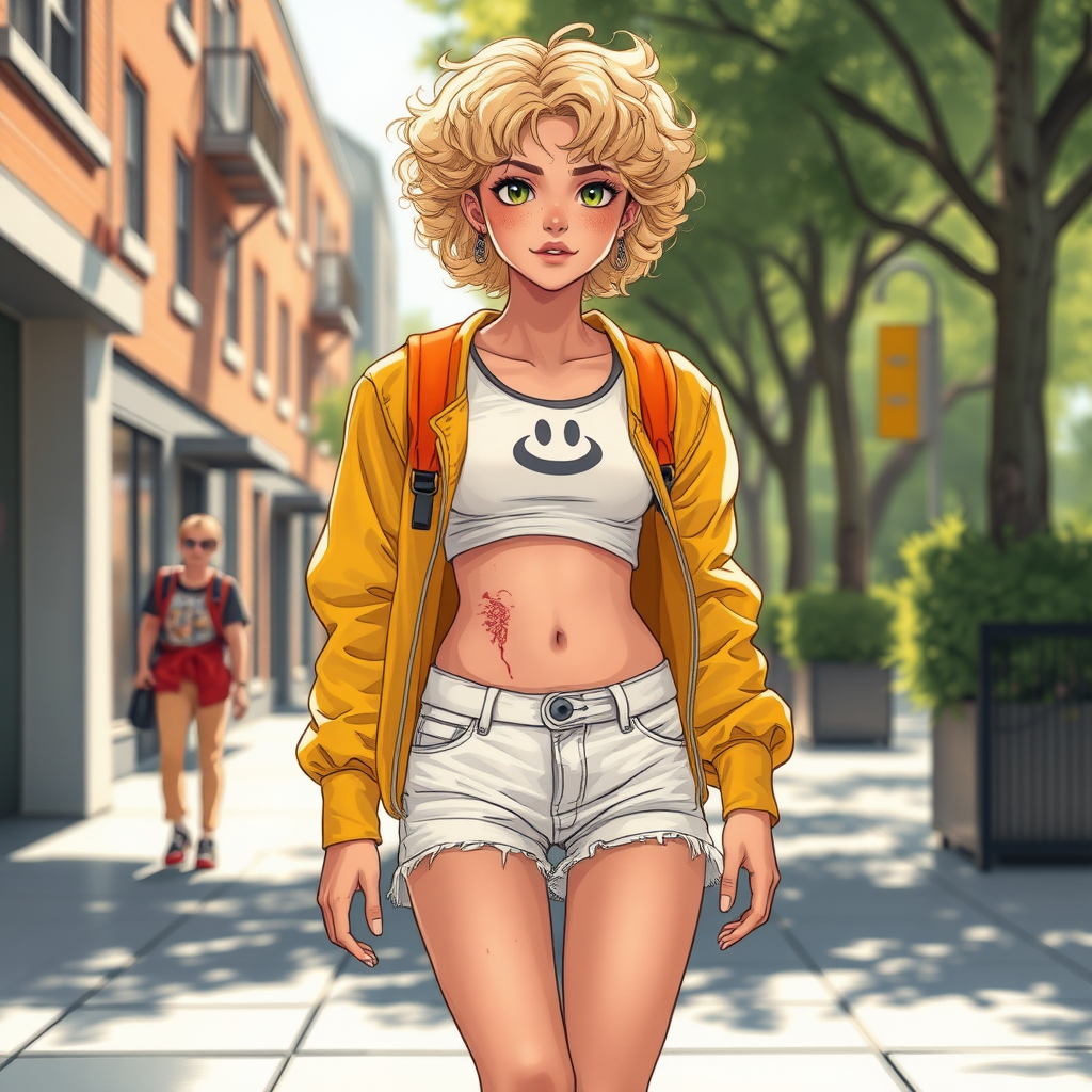 Realistic drawing style image, Extremely good quality 8k resolution drawn manga image of a 15 year old petite and short tomboy girl with golden blonde curly hair with mixed and different colored eyes for each eye and moles on her entire body and is a white American girl, Has on a Gold Jacket over a white extremely short crop top only covering her breasts and nothing more with a design on it, and has on ripped shorts and cool looking sneakers and a deep and big knife cut wound on her stomach from a huge injury she had, with a bright color backpack, ear piercings on, walking on the street to school in the morning with the beautiful sunlight lighting up her body beautifully with no tattoos.