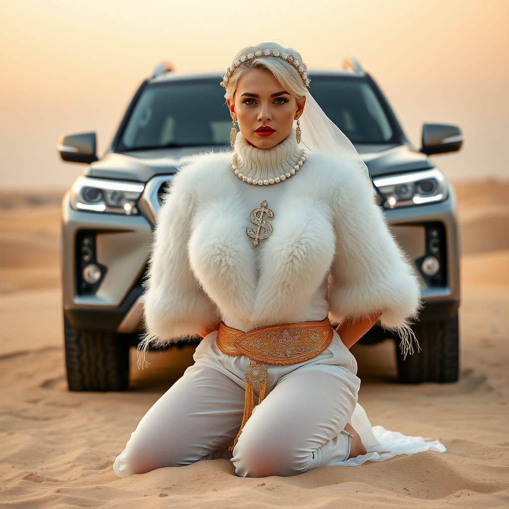 Kuwait desert dunes misty dawn, full size luxury SUV: Melissa, European 17 years old very convincing femboy “trophy-bimbo”, tamed servile docile, very beautiful feminine flawless face, rather short, by hormones very curvaceous womanly figured, platinum blond short tight curls, bold red lips, heavily made-up face, wearing Supertanya-style fluffy very fuzzy bright white angora turtleneck-poncho cropped ending under bust decorated with pearls and gemstones, striking oriental wide gold bridal protection belt, white fully transparent harem pants, full Oriental bridal jewelry including headpiece, face partly covered by white transparent harem-style face veil, coin anklets, striking diamond “$$$” letter brooch on left chest, pout frustrated, hands tied behind back, kneeling in sand in front of SUV, looking at camera. Focus on face and turtleneck-poncho.