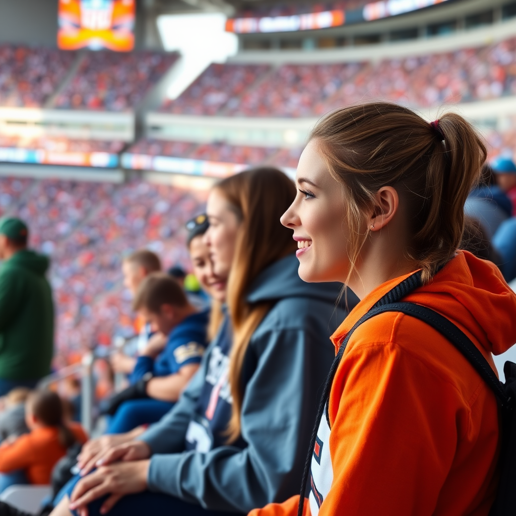 Attractive female NFL fan, pigtail hair, talking with friends, inside crowded bleachers, NFL stadium