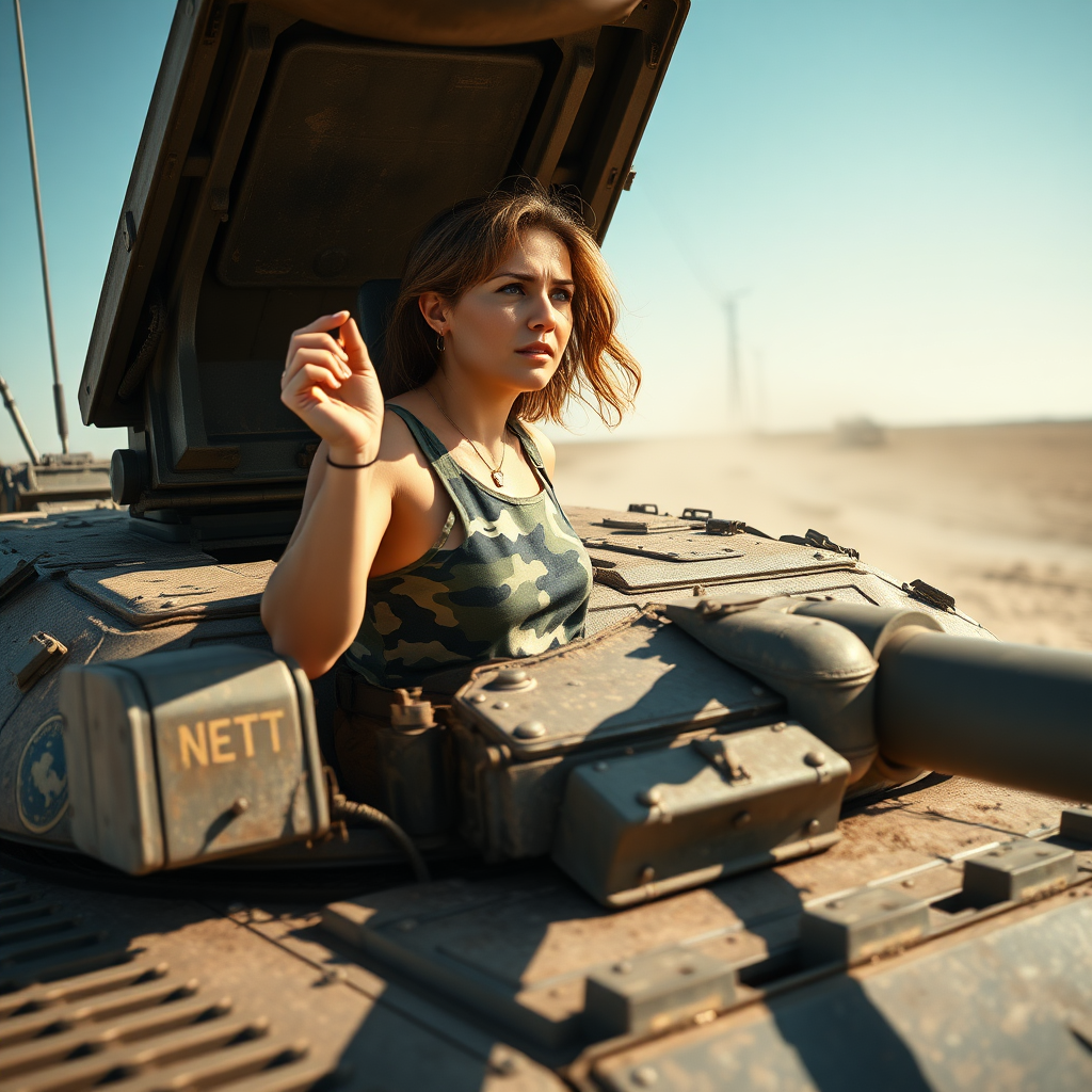 Create a photorealistic, cinematic wide shot of a woman in her mid-30s, wearing a camouflage tank top, standing as the commander of a Leopard 2 tank. She is partially out of the open turret hatch, gripping it with one hand, looking focused into the distance. The tank, detailed with realistic textures of metal and dust, is positioned in a sunlit, dusty battlefield. The camera angle is wide and low, capturing both her and the imposing tank in a dramatic, action-focused composition. The background shows barren, dusty terrain, with natural lighting and shadows adding depth.