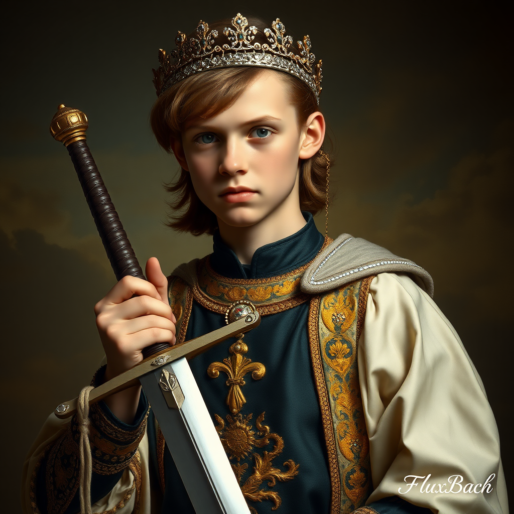 16yo teen boy prince holds his sword in his right hand by the hilt, long bob cut, embroidered with gold and diamonds medieval cloths, diamond diadem, and Beautiful War, natural Skin Texture, visualization of embossed Skin using the play of light and shadow. Free style by 50% Adolphe William Bouguereau and 15% Sandro Botticelli and 35% Otto Lomüller, The background is in the style of landscape style by Antonio del Polaiolo.  Studio lighting, professional lighting. Generating the signature at the bottom: FluxBach. ultra high resolution, 16K,