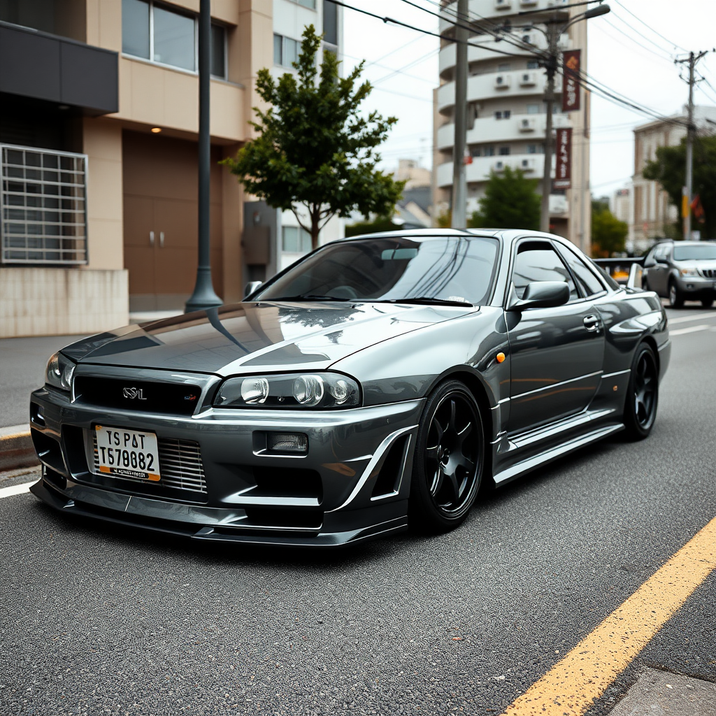 The car is parked on the side of the road, inspired by Taiyō Matsumoto, tumblr, restomod, nd4, c4 metallic shine gray black nissan skyline r34 tokyo arkaplan hatasız tam eksiksiz ayrıntılı genel gerçek detaylar en iyi fotoğraf poz sinematik hafif yağış su damlalar yansıma ıslak yol need for speed tarzı body kit