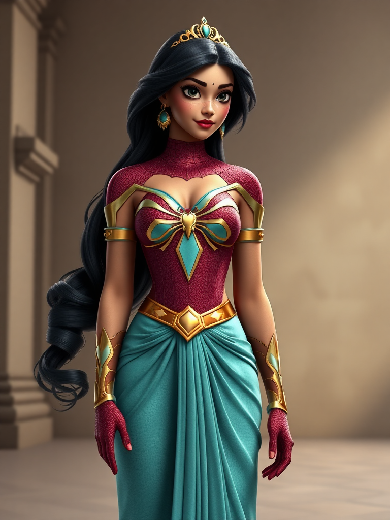 Generate a photorealistic full-body render of Princess Jasmine with the body type of Spider-Man. Keep her head intact, but adjust the body structure, gender traits, and silhouette to reflect this change. Modify her costume to fit the new body shape and structure. Set the background to an appropriate setting that suits both characters. The final image should be a seamless blend of these elements.